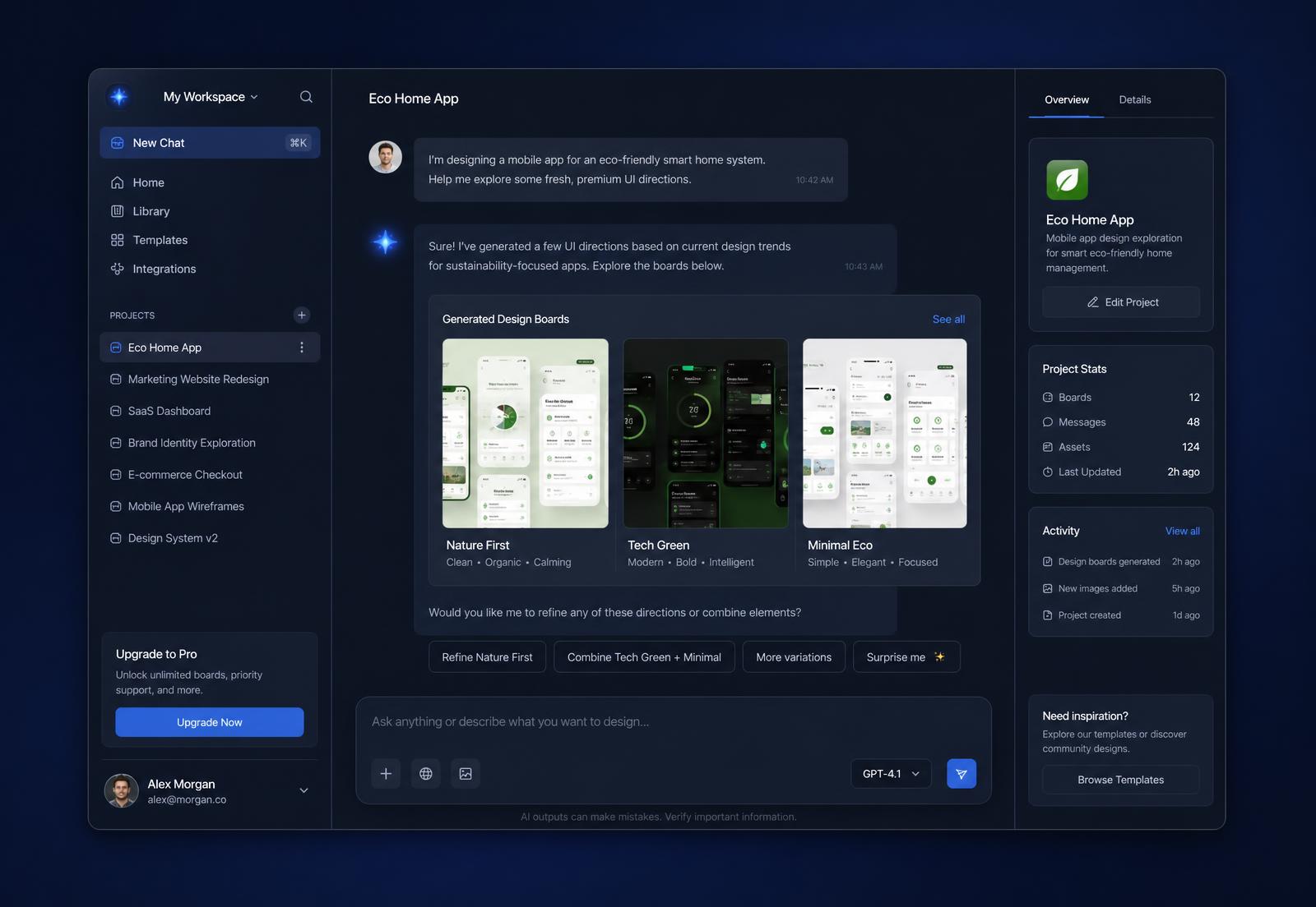 Musebit AI workspace generating design directions from a product brief