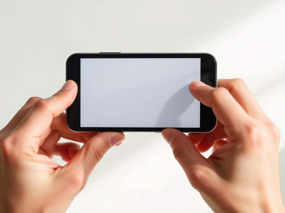 Hands holding a smartphone showing a clean minimal mobile app interface