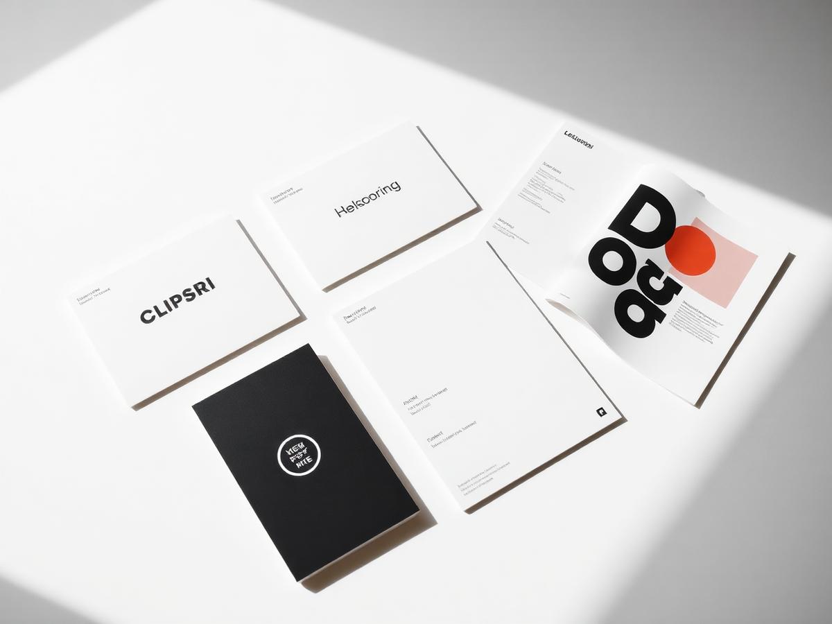 Brand identity print collateral, colour swatches and type specimens laid flat