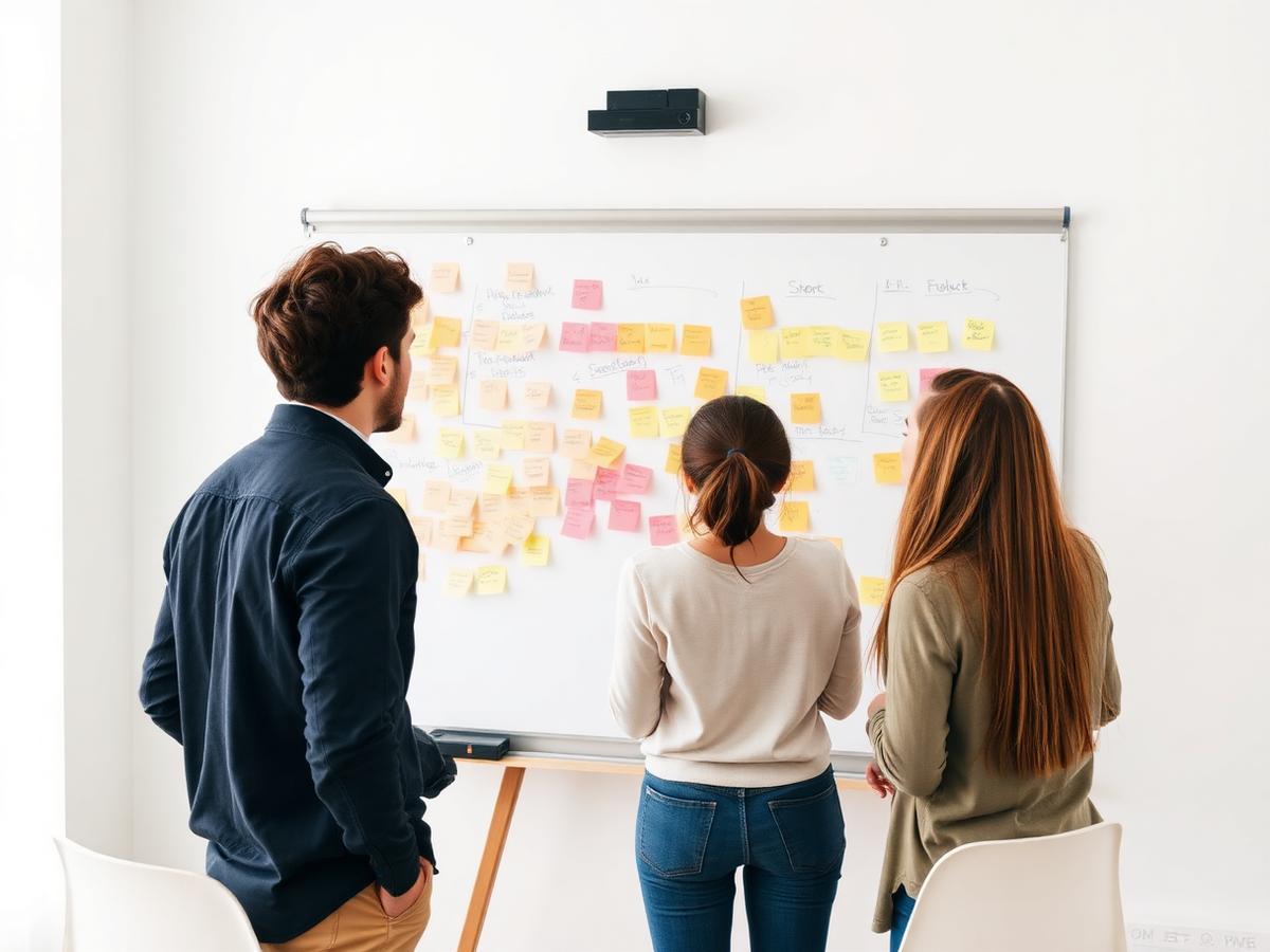 Startup team planning a product launch at a whiteboard covered in sticky notes