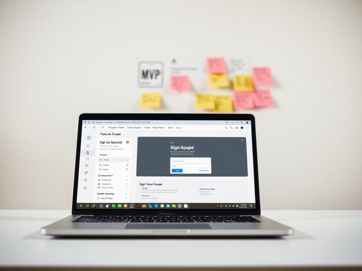 Laptop showing an early-stage web application MVP with a simple dashboard and sign-up flow