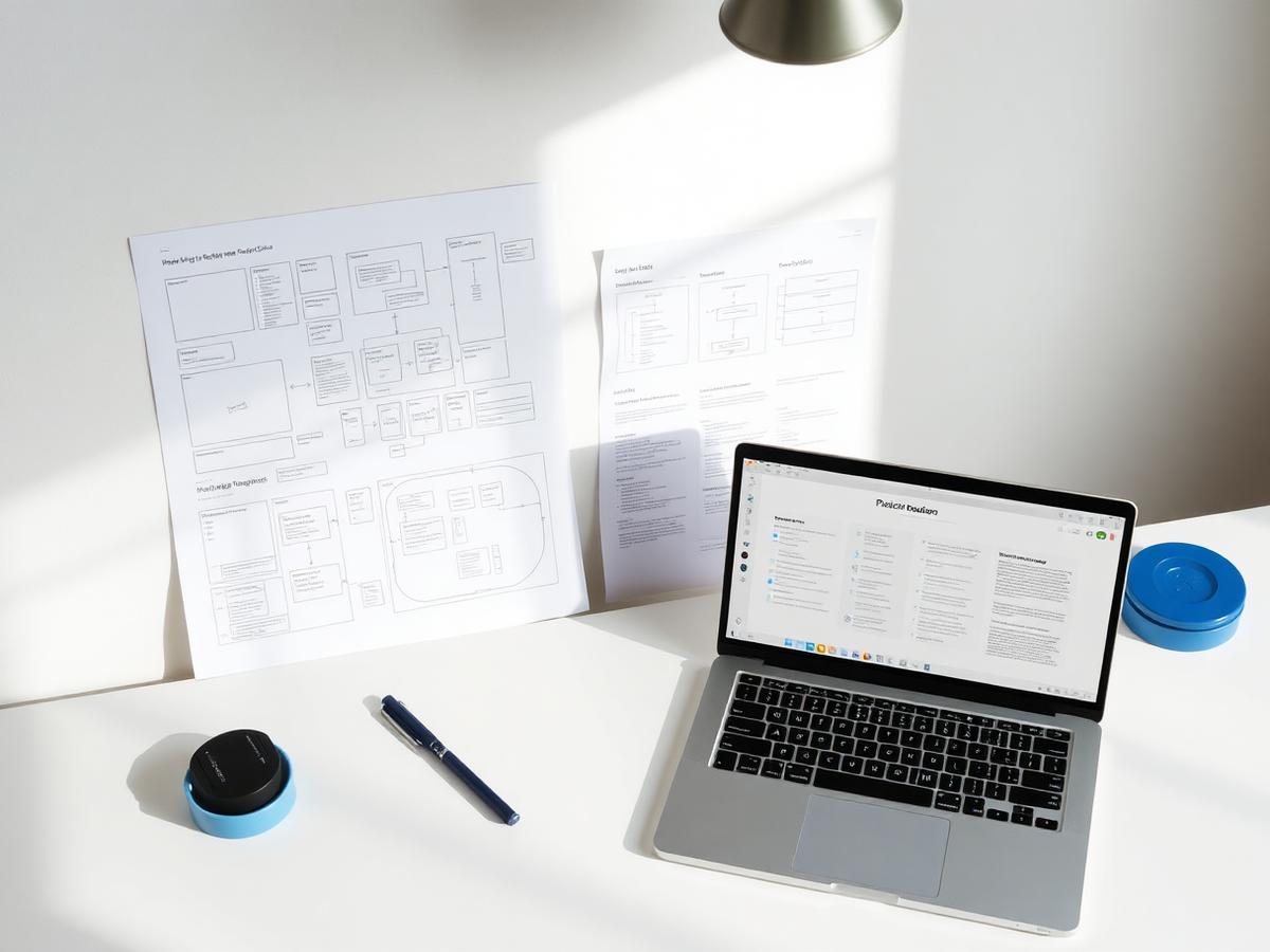 Product design desk with printed user flow diagrams, wireframes and a roadmap on a laptop