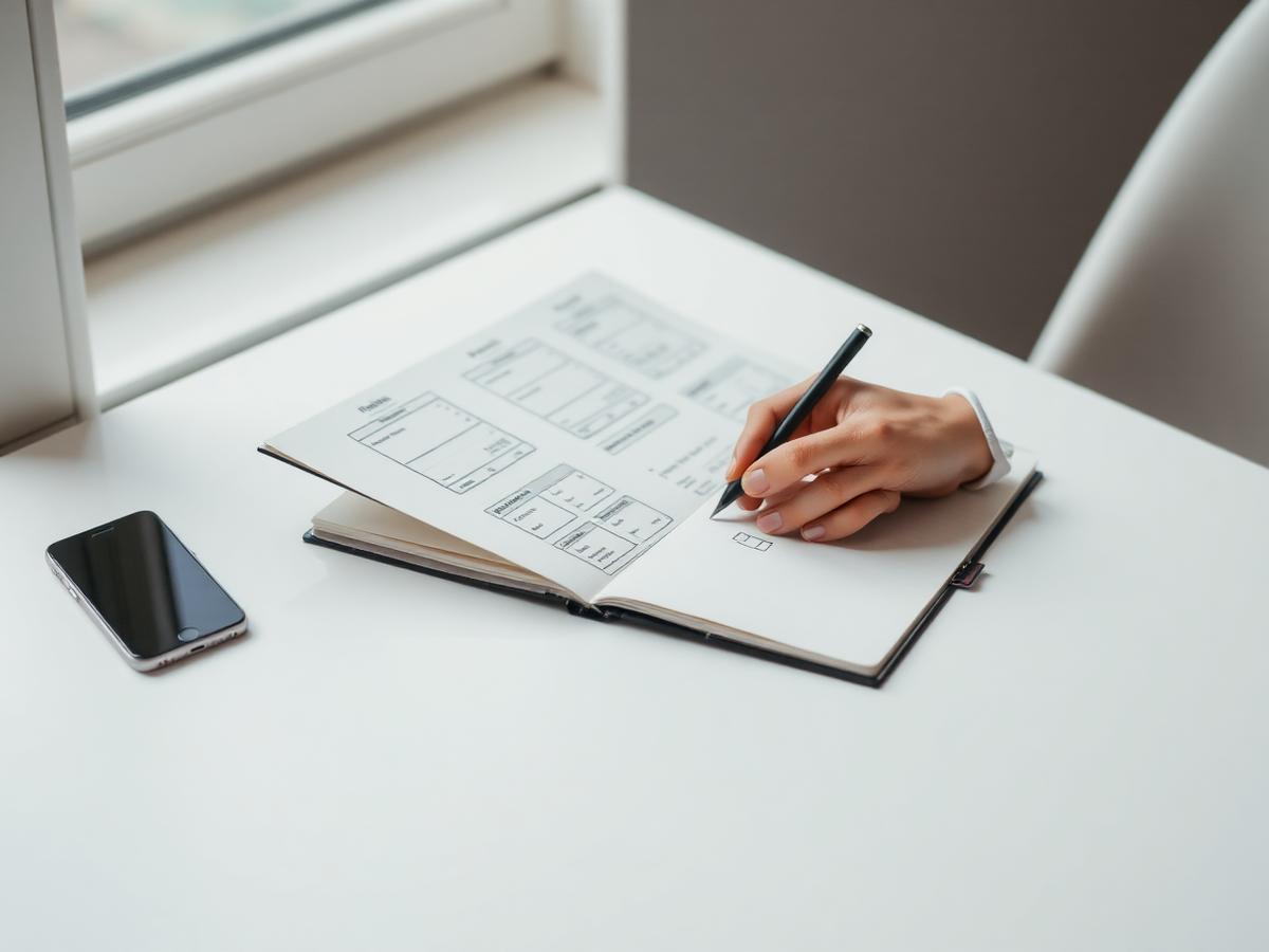 Designer sketching mobile interface wireframes in a notebook