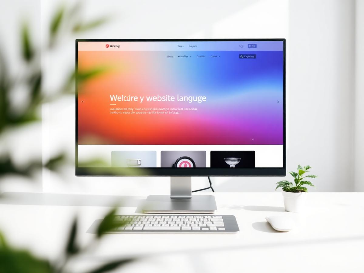 Large monitor showing a clean minimal website layout on a bright studio desk
