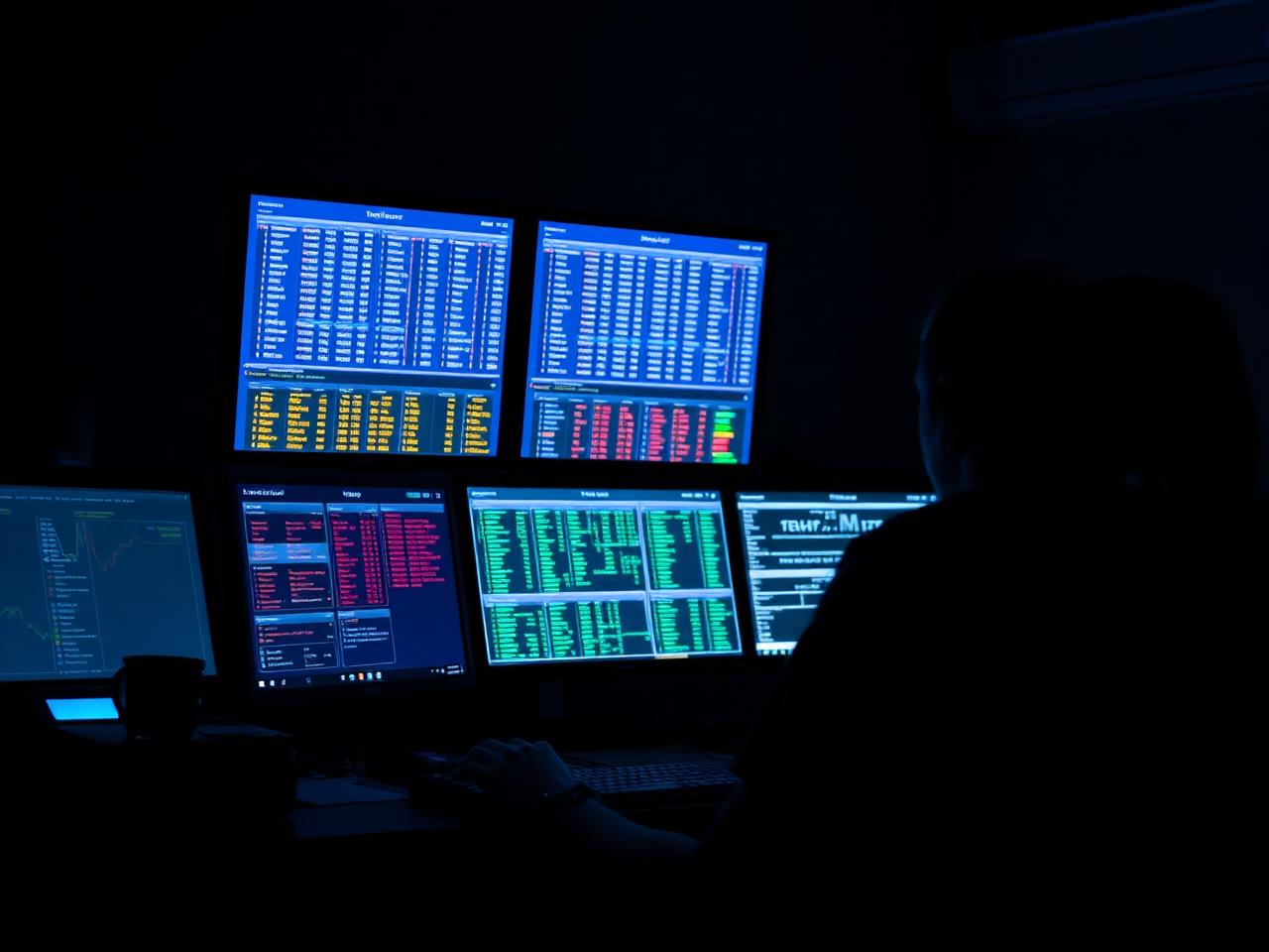 Freight dispatcher monitoring a dense load board across multiple screens