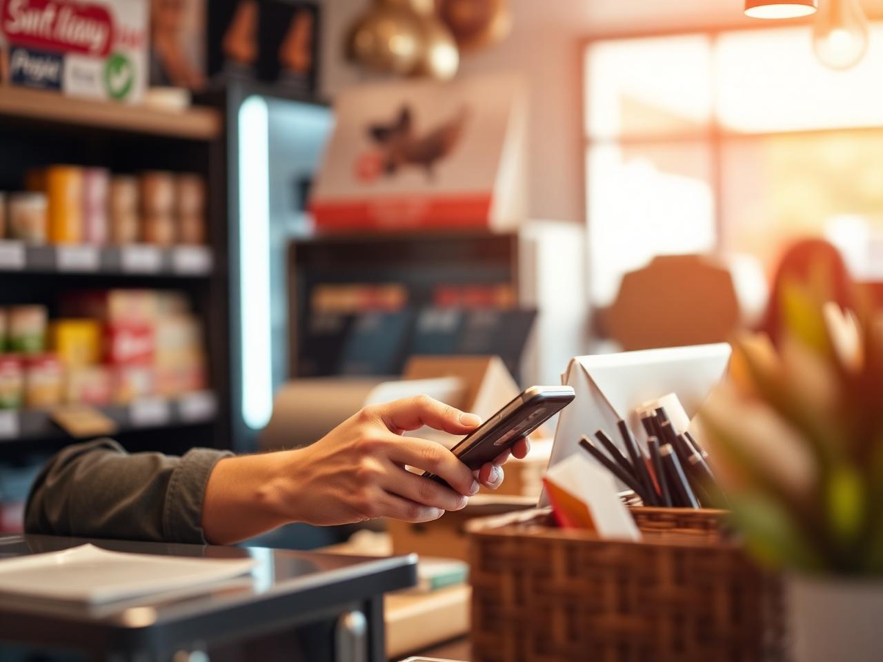 Shop owner completing a Nova Pay account setup on a phone at their counter