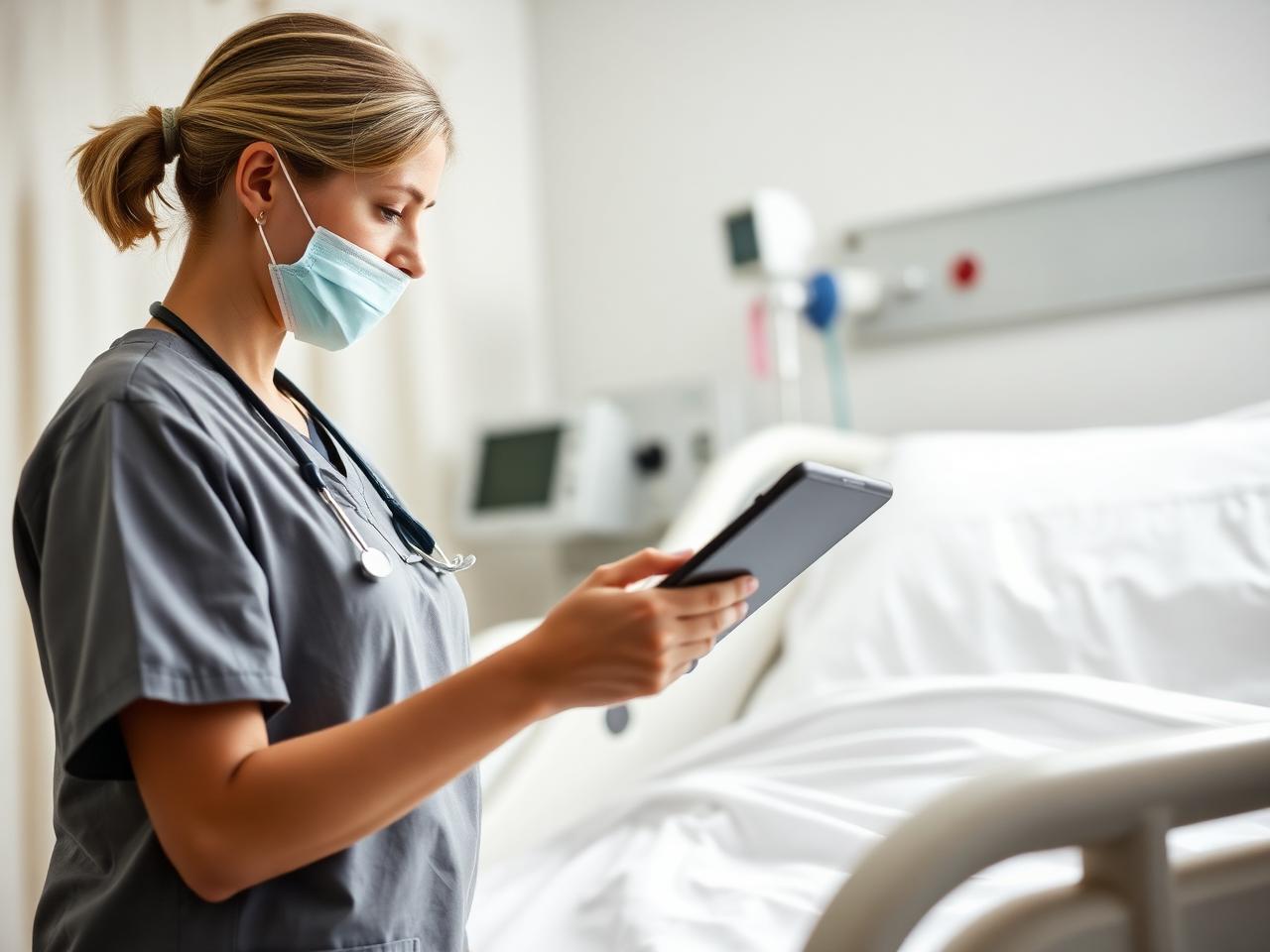Nurse charting patient vitals on a tablet at a hospital bedside